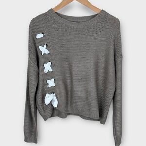 AQUA by Bloomingdale's Taupe Lace Up Side Open Knit Sweater Women Size Medium